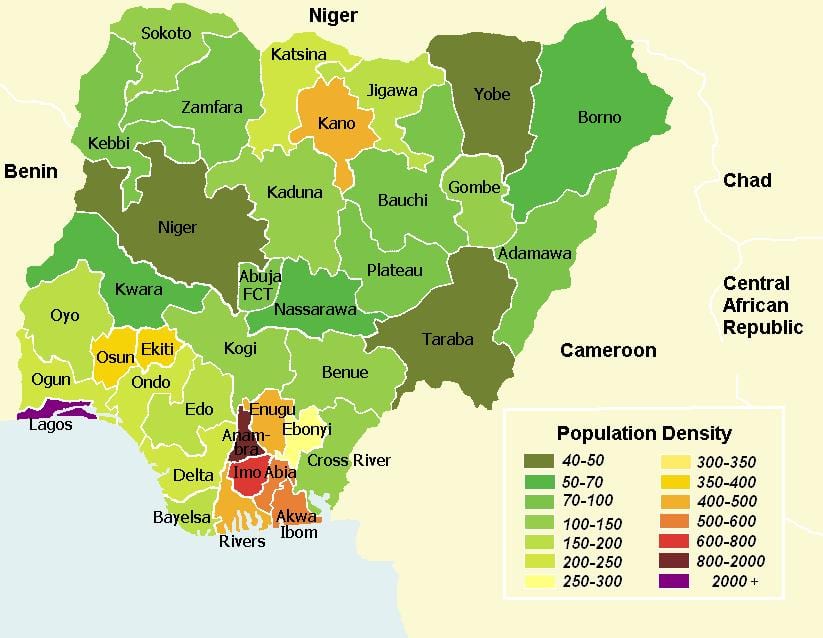 nigeria biztanleriaren dentsitatea mapa